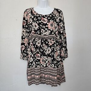 Wallflower Women's Large Long Sleeve Blouse Black Pink Floral Boho Top Shirt